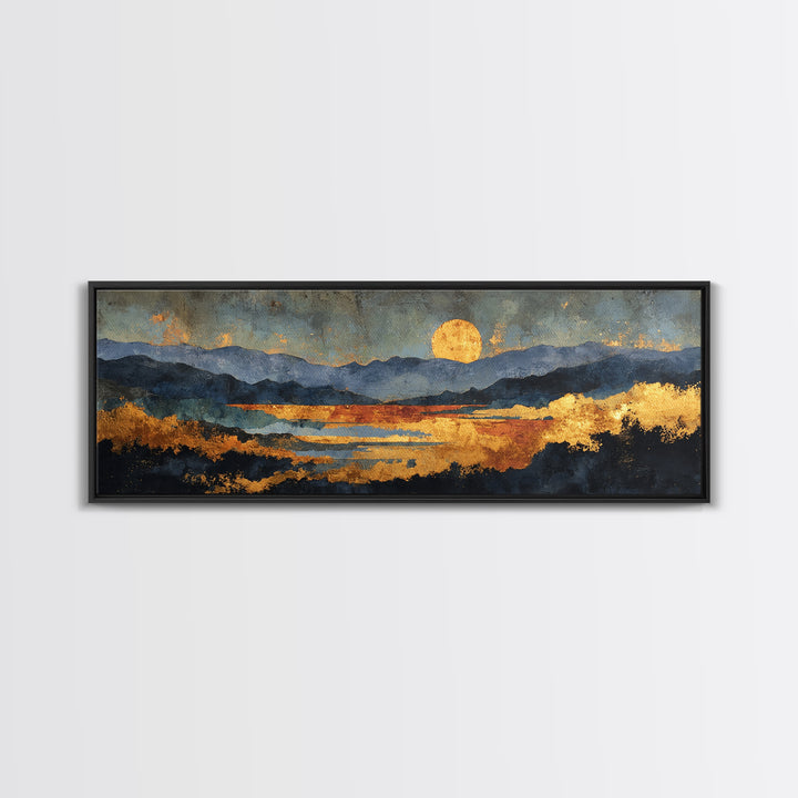 Sunset Over Mountains Gold Canvas Print, Abstract Mountain Landscape Wall Art, Modern Nature Artwork With Real Wood Frame