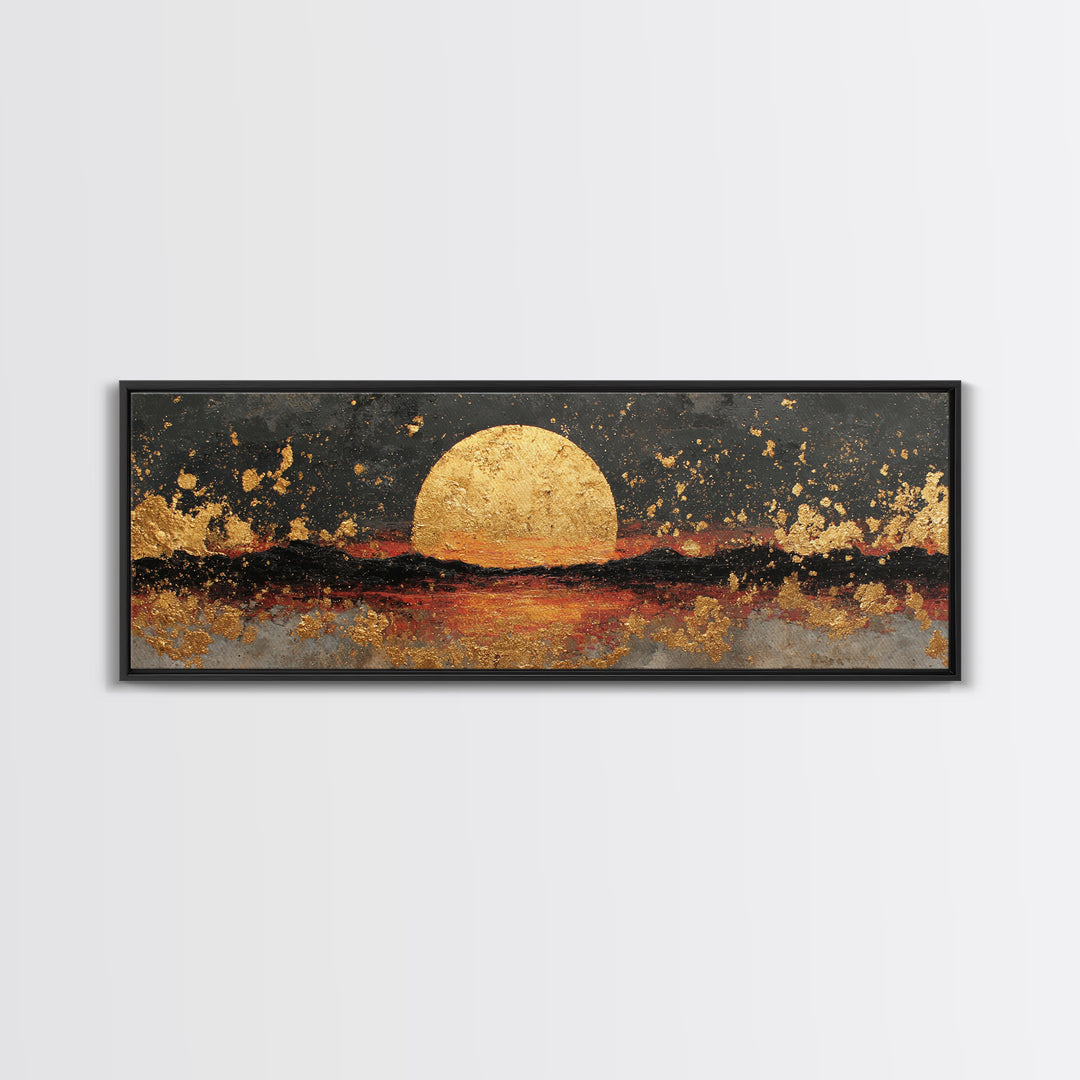 Golden Horizon Gold Canvas Print, Textured Sunset Wall Art, Abstract Sun Over Water Artwork With Real Wood Frame