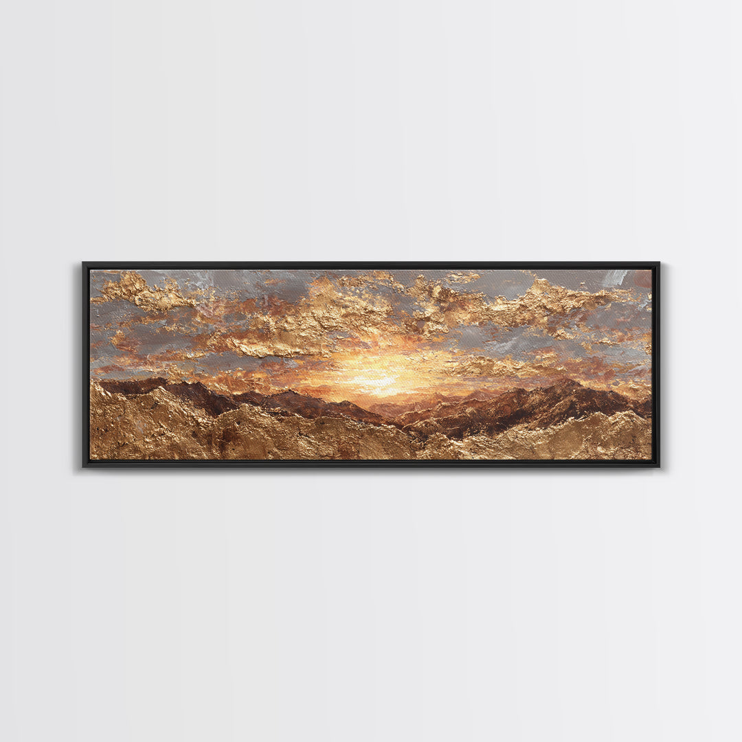 Sunlit Peaks Gold Canvas Print, Golden Mountain Sunrise Wall Art, Abstract Nature Landscape Artwork With Real Wood Frame