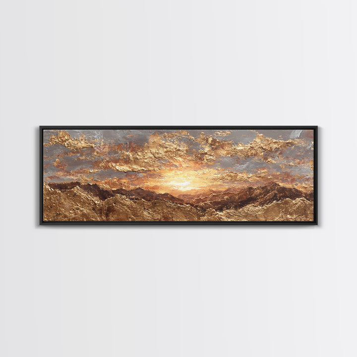 Sunlit Peaks Gold Canvas Print, Golden Mountain Sunrise Wall Art, Abstract Nature Landscape Artwork With Real Wood Frame