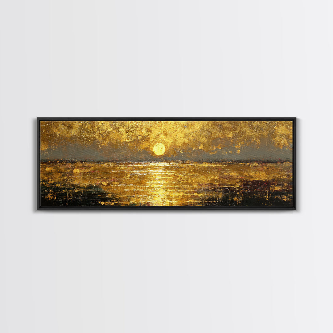 Radiant Reflection Gold Canvas Print, Golden Sun Over Water Wall Art, Shimmering Seascape Artwork With Real Wood Frame