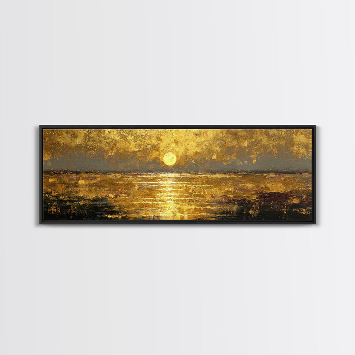 Radiant Reflection Gold Canvas Print, Golden Sun Over Water Wall Art, Shimmering Seascape Artwork With Real Wood Frame