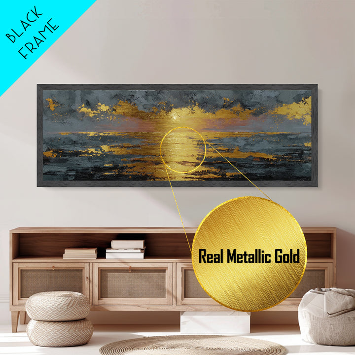 Ocean Sunset Metallic Gold Metal Print, Glowing Sun Over Waves Wall Art, Modern Coastal Seascape Artwork With Real Wood Frame