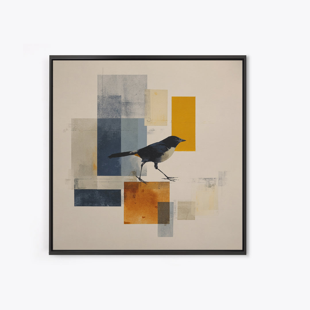 Small Black Bird Crossing White Space Framed Canvas Print, Minimalist Art, Large Wall Art, Living Room Decor, Fine Art, Minimal, MIN-1x1-7