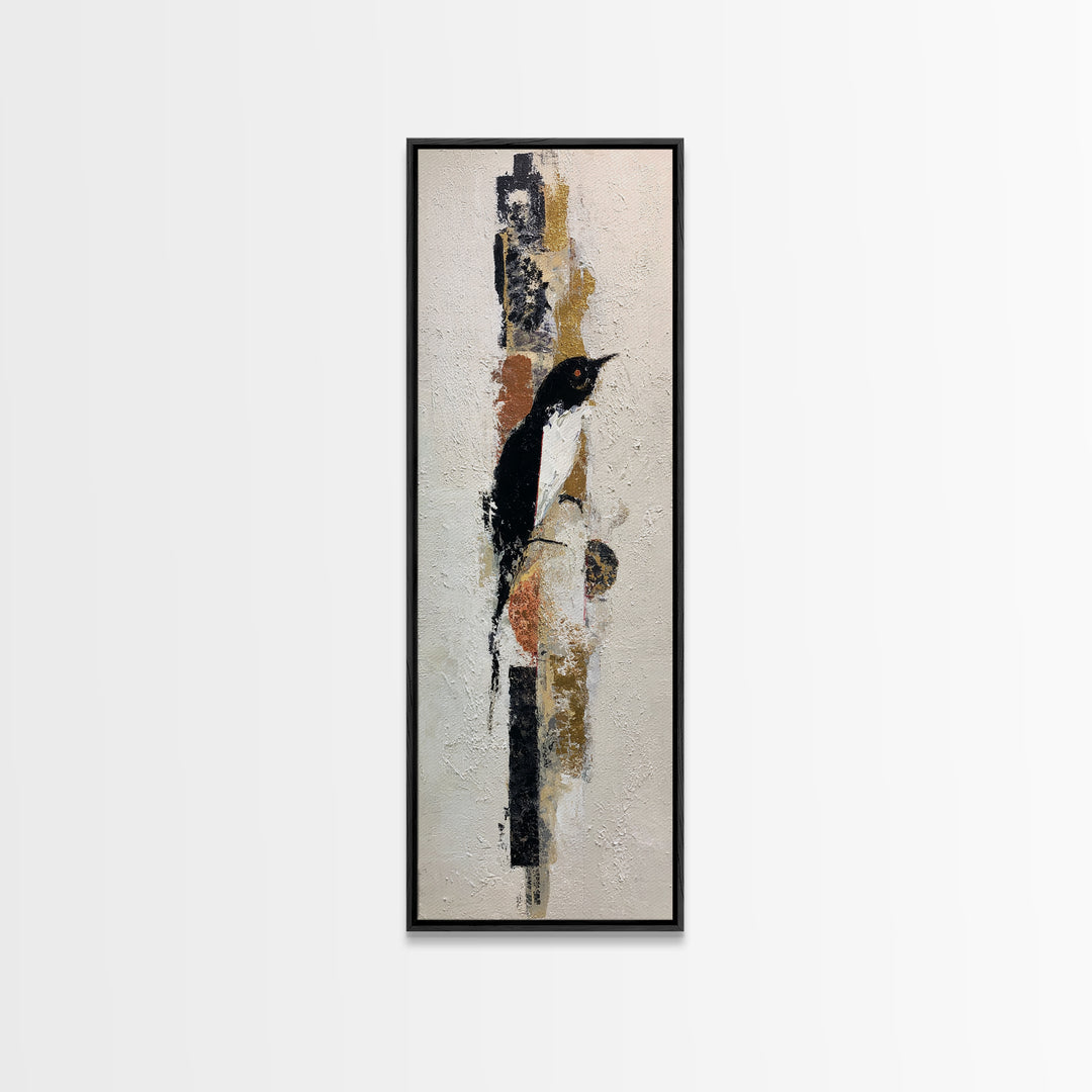 Small Black Bird Crossing White Space Framed Canvas Print, Minimalist Art, Boho Decor, Living Room Decor, Oil Painting, Minimal, MIN-1x3-91