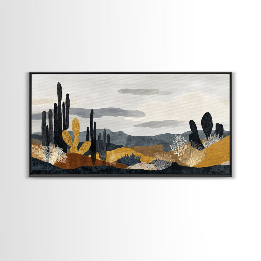 Black and White Cactus Silhouette Framed Canvas Print, Minimalist Art, Fine Art Print, Living Room Decor, Fine Art, Minimal, MIN-2x1-16