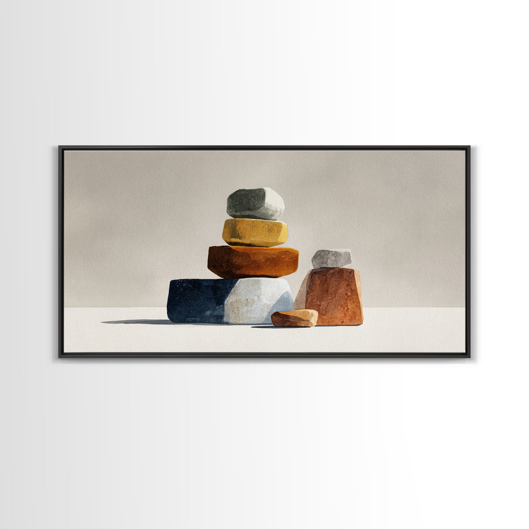 Quiet Stone Stack Framed Canvas Print, Minimalist Art, Minimalist, Living Room Decor, Abstract Art, Minimal, Black Art, MIN-2x1-7