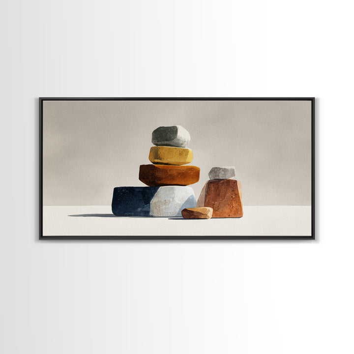 Quiet Stone Stack Framed Canvas Print, Minimalist Art, Minimalist, Living Room Decor, Abstract Art, Minimal, Black Art, MIN-2x1-7
