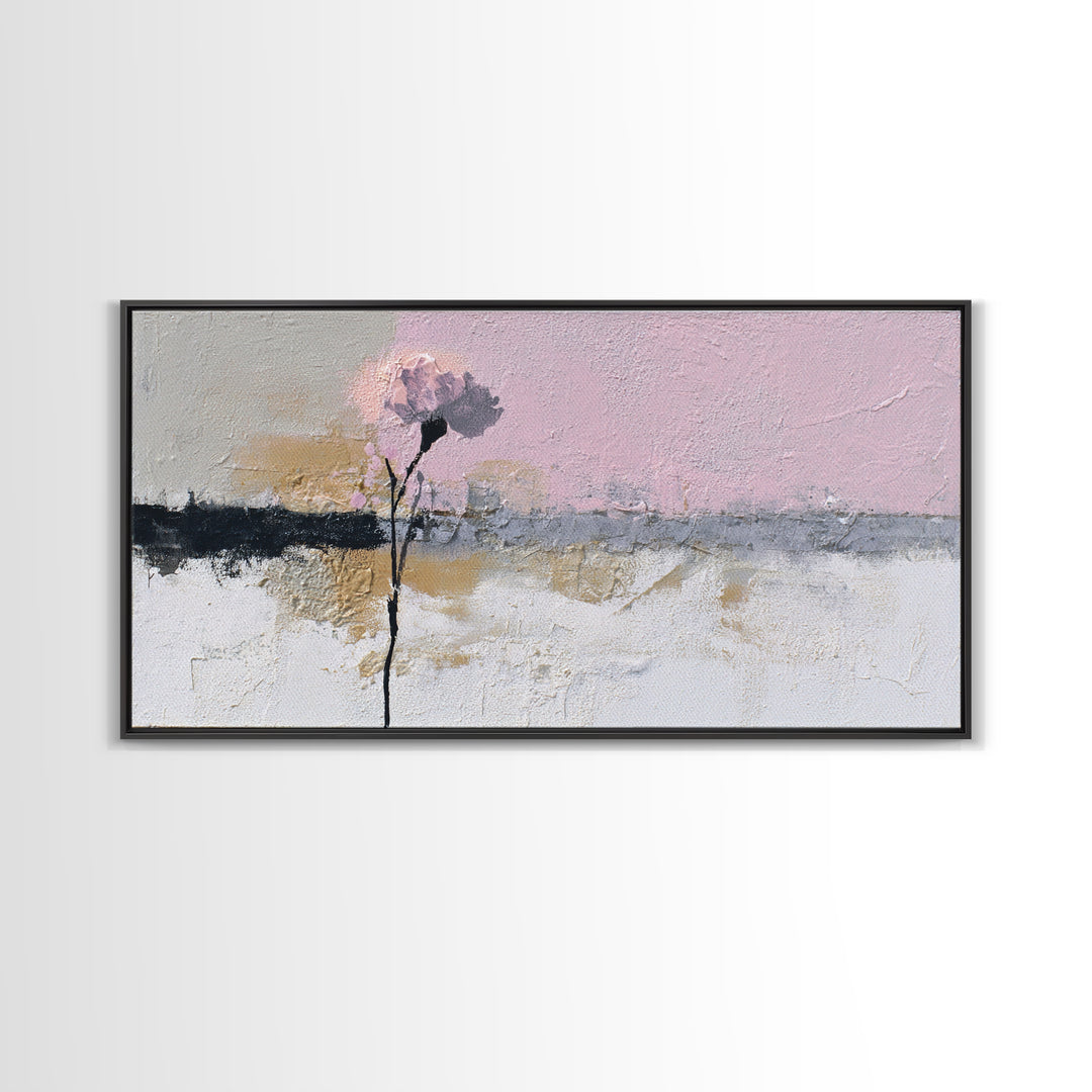 Single Flower Stem Framed Canvas Print, Minimalist Art, Black Art, Living Room Decor, Oil Painting, Minimal, MIN-2x1-80