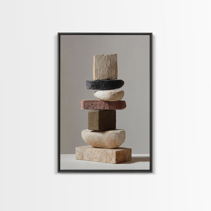 Quiet Stone Stack Framed Canvas Print, Minimalist Art, Digital Wall Art, Living Room Decor, Abstract Art, Minimal, MIN-2x3-43