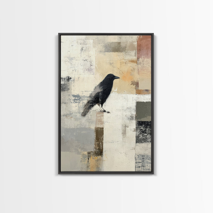 Small Black Bird Crossing White Space Framed Canvas Print, Minimalist Art, Abstract Painting, Living Room Decor, Minimal, MIN-2x3-87
