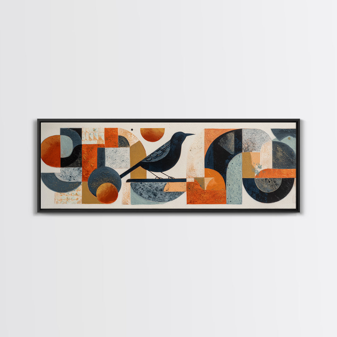 Small Black Bird Crossing White Space Framed Canvas Print, Minimalist Art, Room Decor, Living Room Decor, Fine Art, Minimal, MIN-3x1-23
