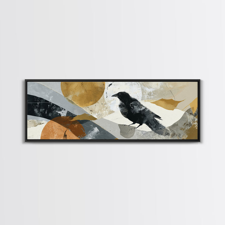 Small Black Bird Crossing White Space Canvas Print, Minimalist Art, Art Prints, Living Room Decor, Oil Painting, Minimal, MIN-3x1-95