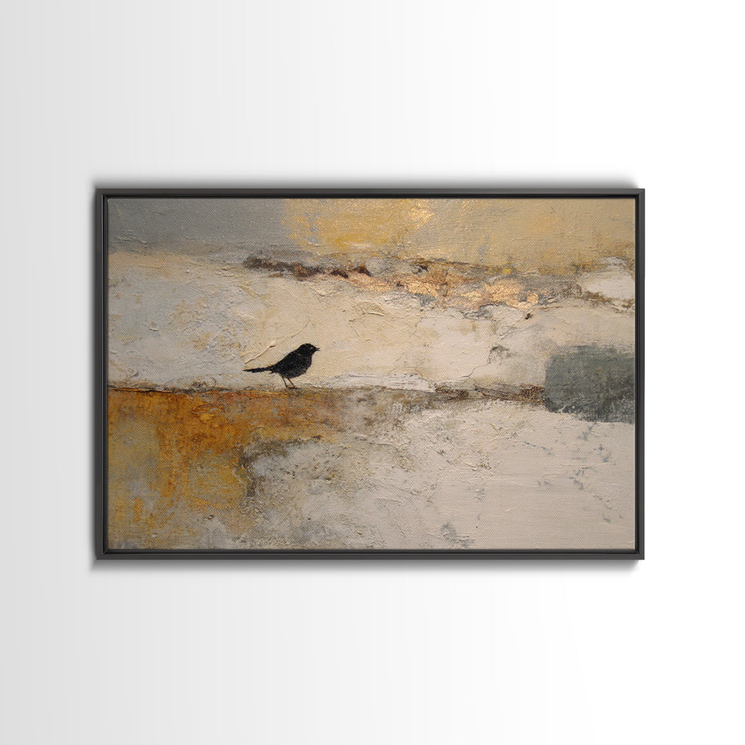 Small Black Bird Crossing White Space Framed Canvas Print, Minimalist Art, Room Decor, Living Room Decor, Fine Art, Minimal, MIN-3x2-35