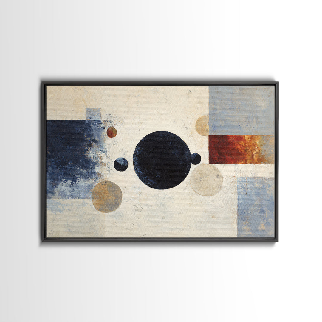 Single Black Circle on Warm Ivory Ground Framed Canvas Print, Minimalist Art, Abstract Painting, Living Room Decor, Minimal, MIN-3x2-5