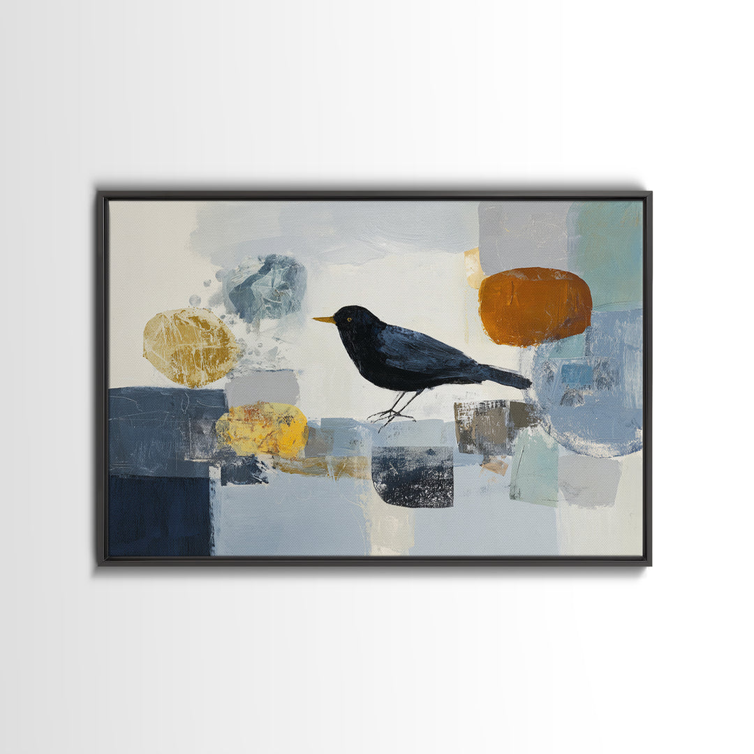 Small Black Bird Crossing White Space Canvas Print, Minimalist Art, Large Wall Art, Living Room Decor, Fine Art, Minimal, MIN-3x2-83