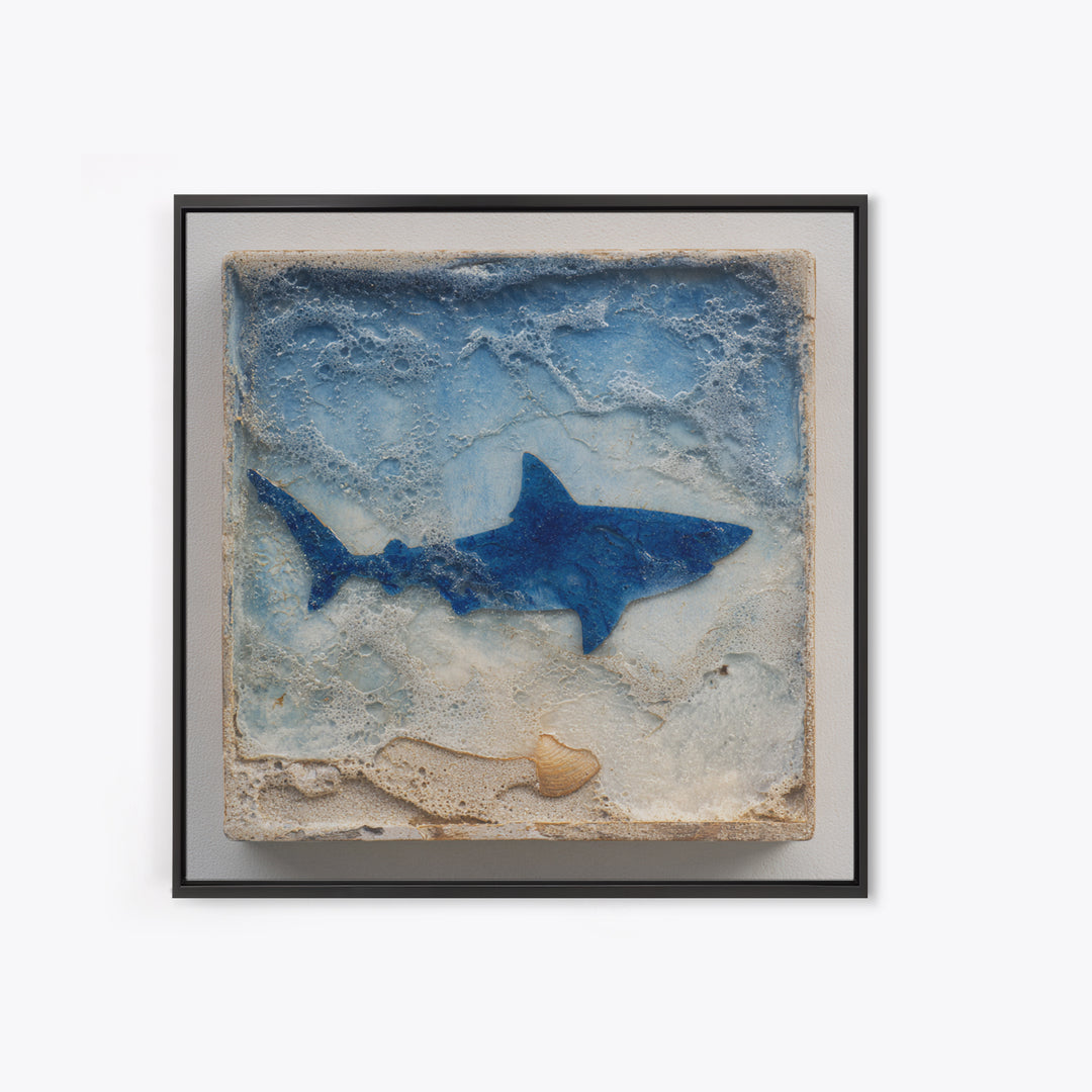 Shark Silhouette in Deep Blue Light Framed Canvas Print, Marine Life Art, Coastal Wall Art, Living Room Decor, Fine Art, Marine, MLA-1x1-12