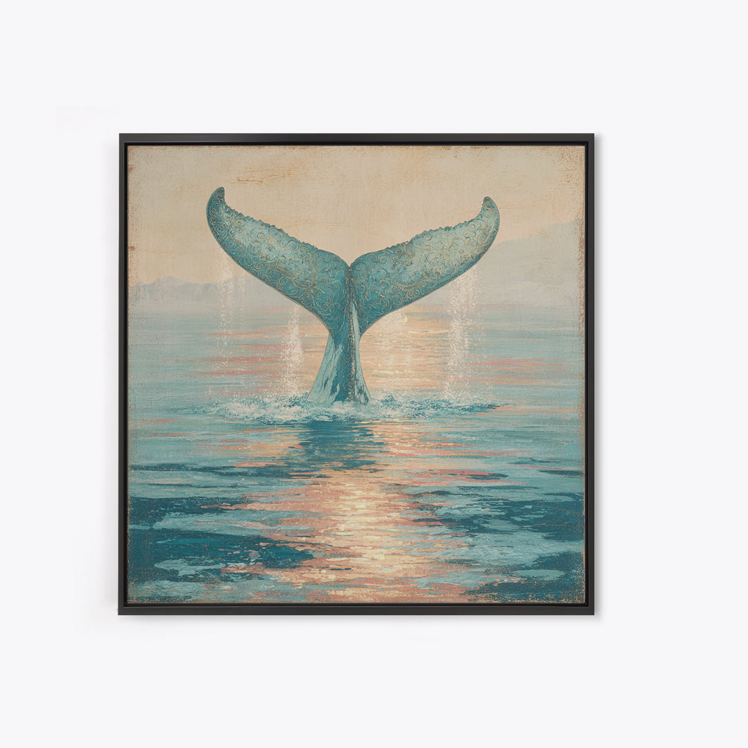 Whale Tail Rising from Misty Ocean Framed Canvas Print, Marine Life Art, Ocean Art, Living Room Decor, Oil Painting, Marine, MLA-1x1-2