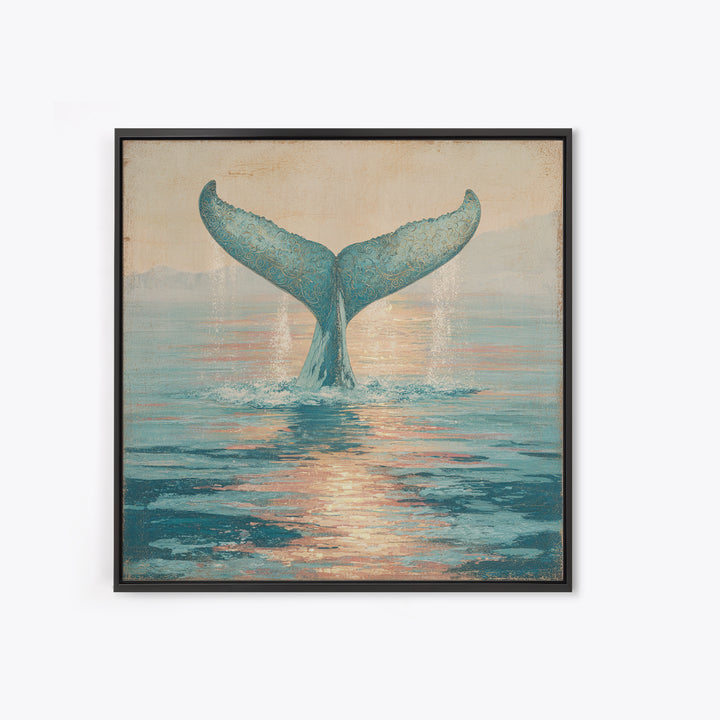 Whale Tail Rising from Misty Ocean Framed Canvas Print, Marine Life Art, Ocean Art, Living Room Decor, Oil Painting, Marine, MLA-1x1-2