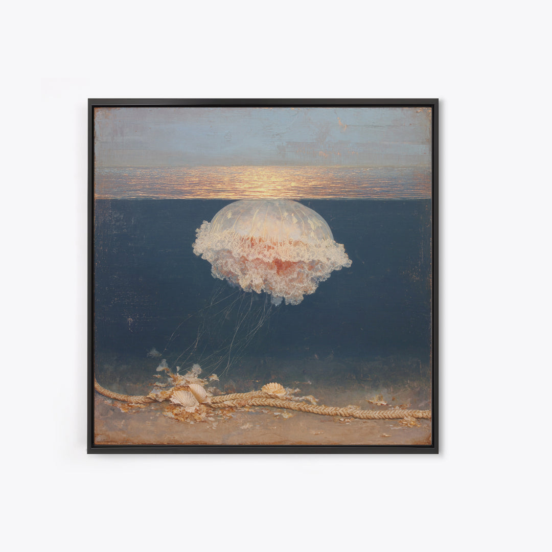 Jellyfish Floating in Luminous Dark Water Canvas Print, Marine Life Art, Fish Art, Living Room Decor, Oil Painting, Marine, MLA-1x1-30
