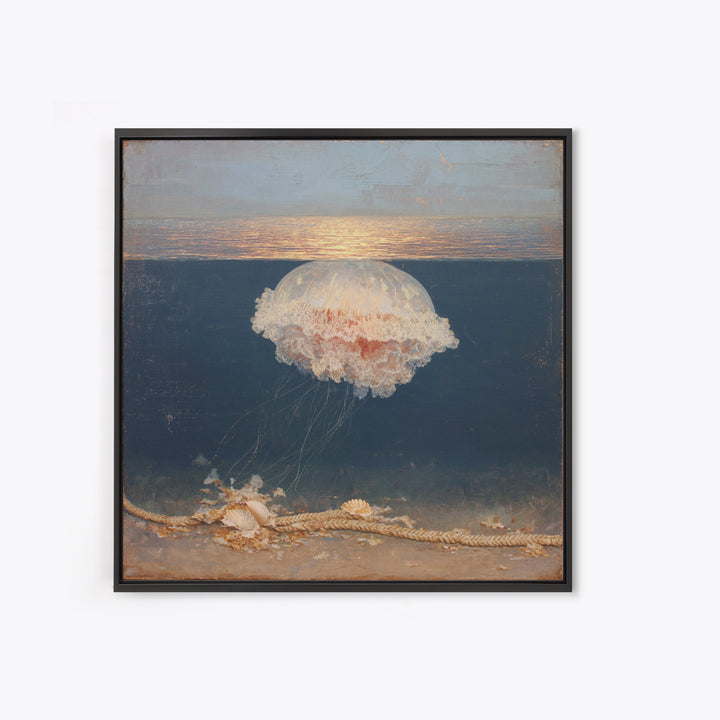 Jellyfish Floating in Luminous Dark Water Canvas Print, Marine Life Art, Fish Art, Living Room Decor, Oil Painting, Marine, MLA-1x1-30