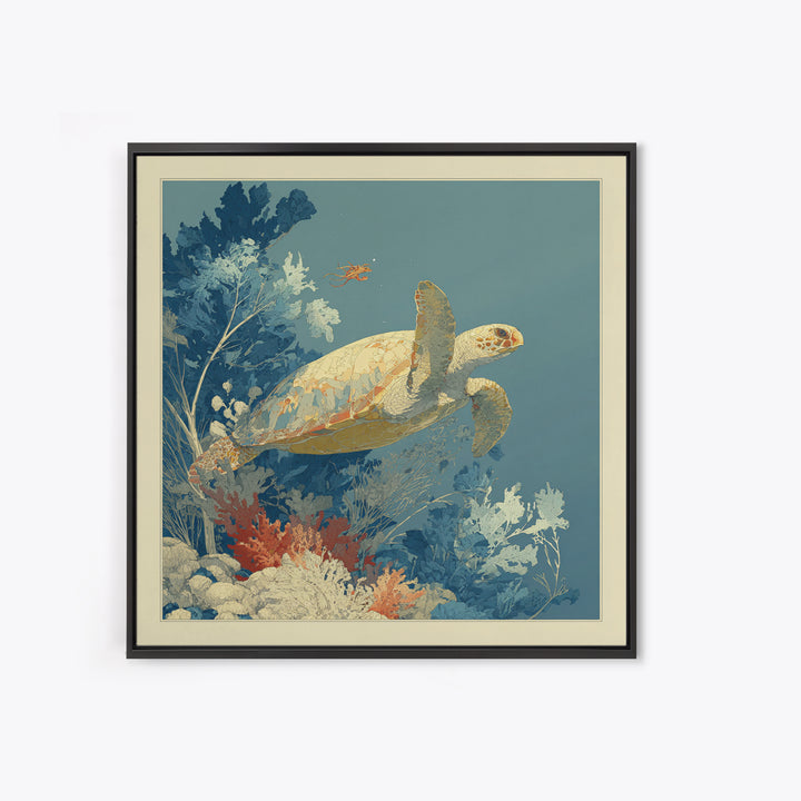 Bioluminescent Plankton Around Swimming Turtle Framed Canvas Print, Marine Life Art, Wall Art, Living Room Decor, Marine, MLA-1x1-48