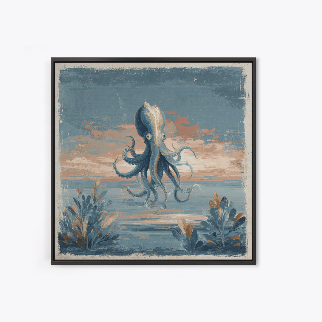 Squid in a Mysterious Midnight Sea Framed Canvas Print, Marine Life Art, Ocean Painting, Living Room Decor, Fine Art, Marine, MLA-1x1-67