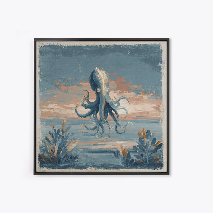 Squid in a Mysterious Midnight Sea Framed Canvas Print, Marine Life Art, Ocean Painting, Living Room Decor, Fine Art, Marine, MLA-1x1-67