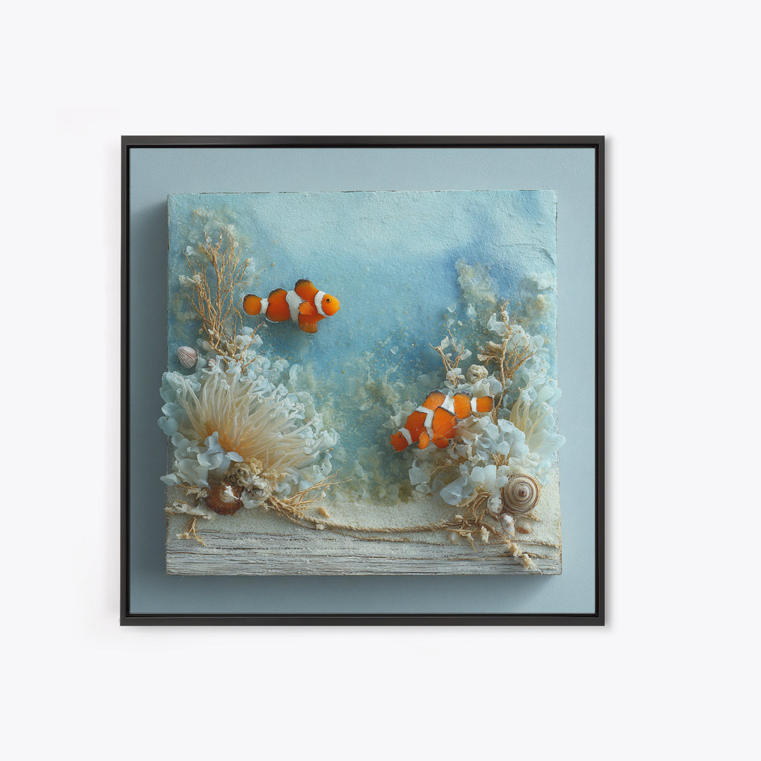 Clownfish Around Anemone Tentacles Framed Canvas Print, Marine Life Art, Nautical Art, Living Room Decor, Fine Art, Marine, MLA-1x1-68