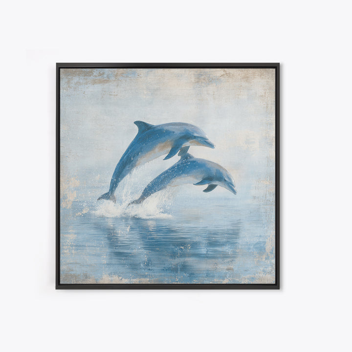 Dolphins Leaping Through Sunlit Waves Framed Canvas Print, Marine Life Art, Coastal Art, Living Room Decor, Fine Art, Marine, MLA-1x1-7