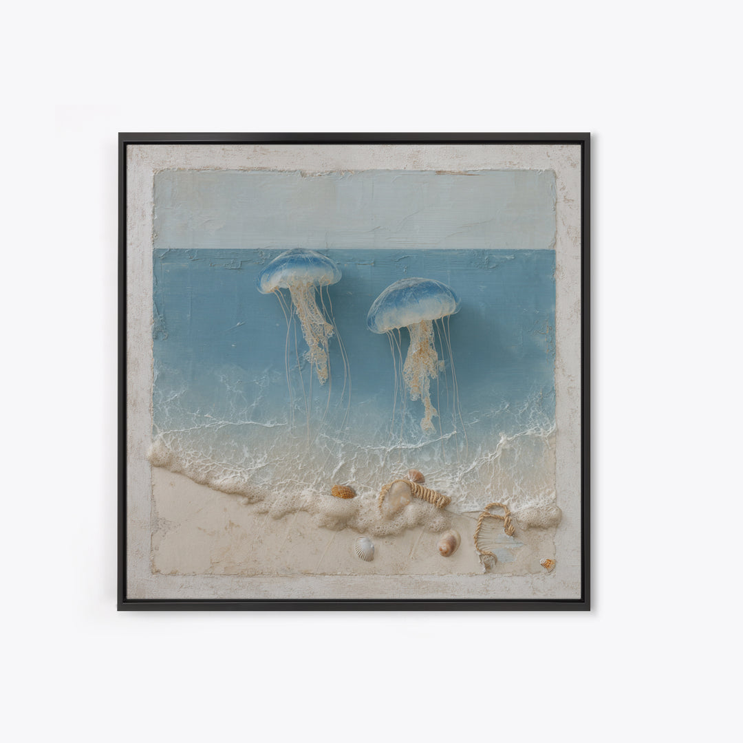 Jellyfish Floating in Luminous Dark Water Framed Canvas Print, Marine Life Art, Pastel Wall Art, Living Room Decor, Marine, MLA-1x1-78