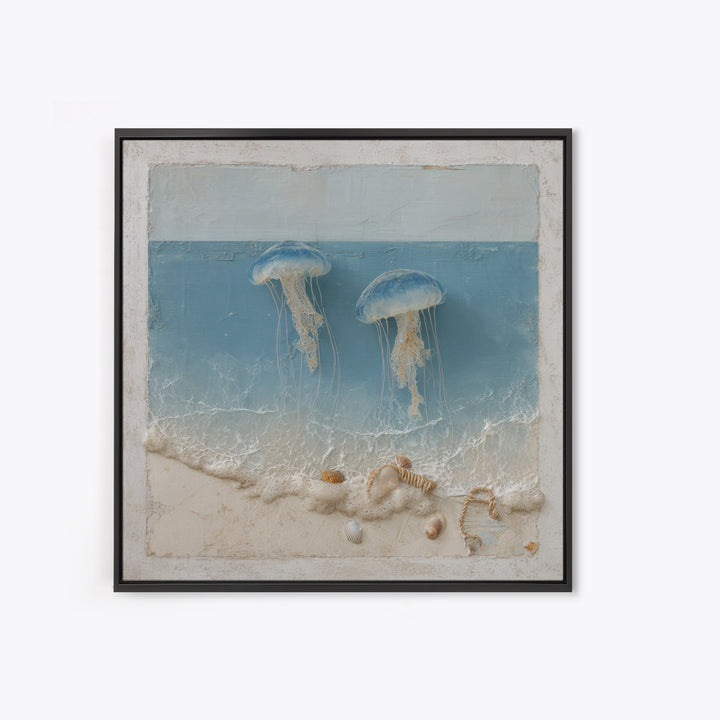 Jellyfish Floating in Luminous Dark Water Framed Canvas Print, Marine Life Art, Pastel Wall Art, Living Room Decor, Marine, MLA-1x1-78