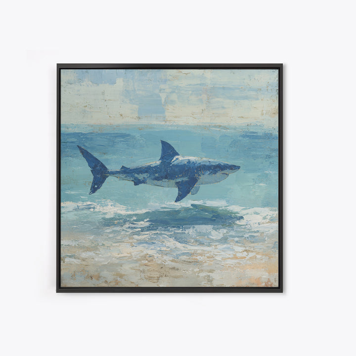 Shark Silhouette in Deep Blue Light Framed Canvas Print, Marine Life Art, Tropical Wall Art, Living Room Decor, Abstract Art, MLA-1x1-84