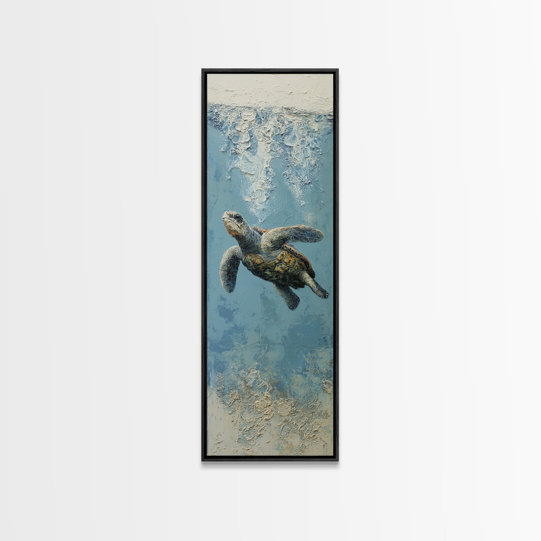 Bioluminescent Plankton Around Swimming Turtle Canvas Print, Marine Life Art, Fish Wall Art, Living Room Decor, Oil Painting, MLA-1x3-12
