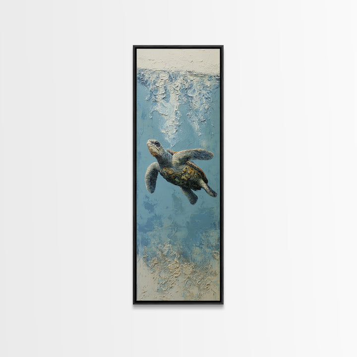 Bioluminescent Plankton Around Swimming Turtle Canvas Print, Marine Life Art, Fish Wall Art, Living Room Decor, Oil Painting, MLA-1x3-12
