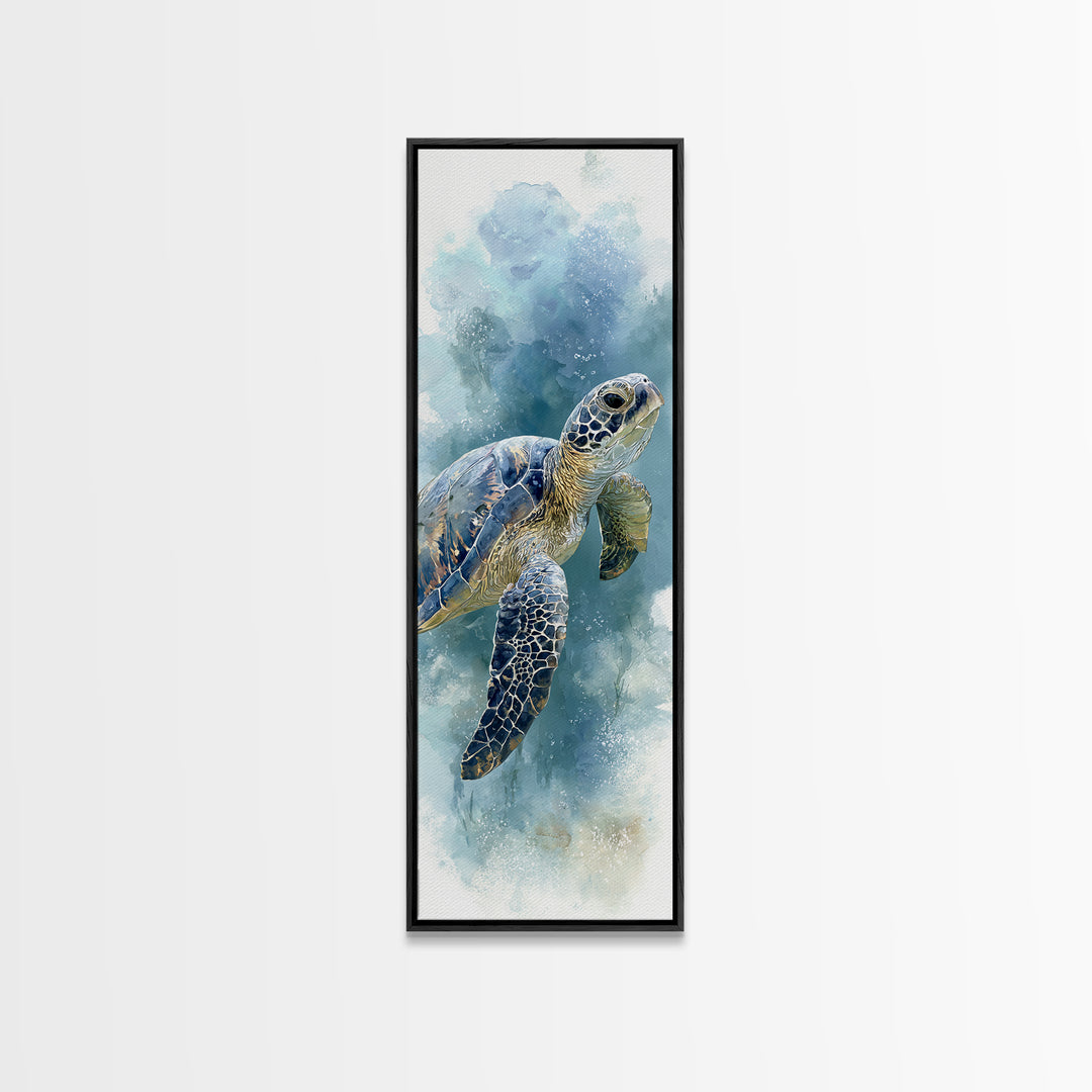 Sea Turtle Gliding Through Clear Blue Water Framed Canvas Print, Marine Life Art, Ocean Painting, Living Room Decor, Marine, MLA-1x3-61