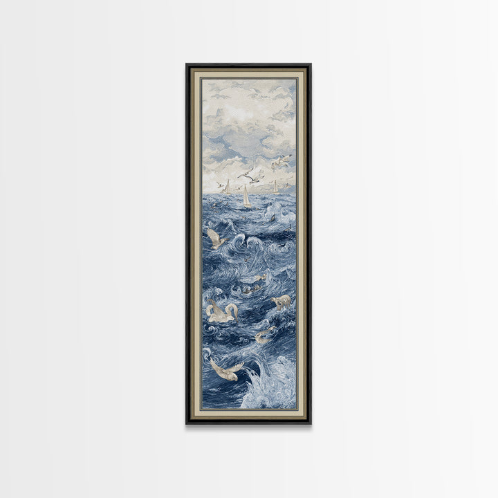 Squid in a Mysterious Midnight Sea Framed Canvas Print, Marine Life Art, Room Decor, Living Room Decor, Fine Art, Marine, MLA-1x3-79