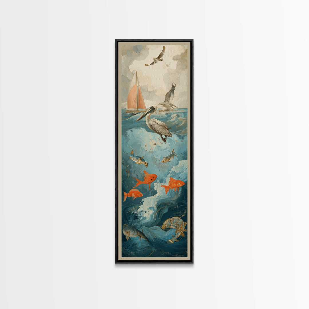 Pelican Diving Toward Fish Near Surface Framed Canvas Print, Marine Life Art, Textured Painting, Living Room Decor, Marine, MLA-1x3-83