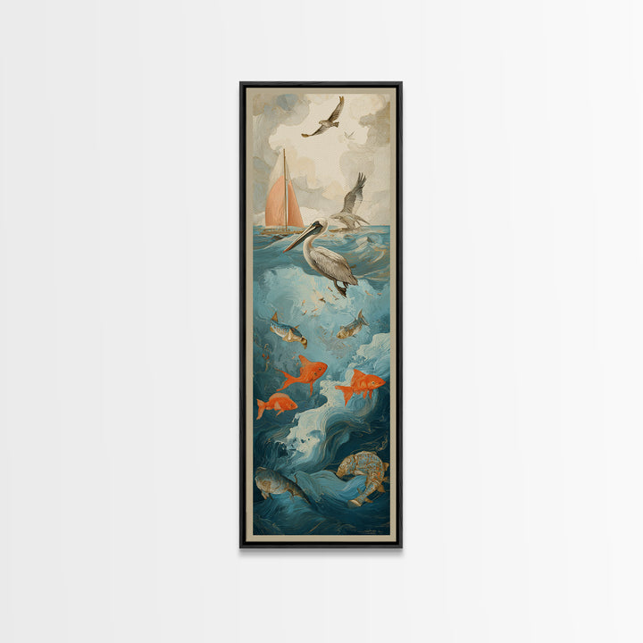 Pelican Diving Toward Fish Near Surface Framed Canvas Print, Marine Life Art, Textured Painting, Living Room Decor, Marine, MLA-1x3-83
