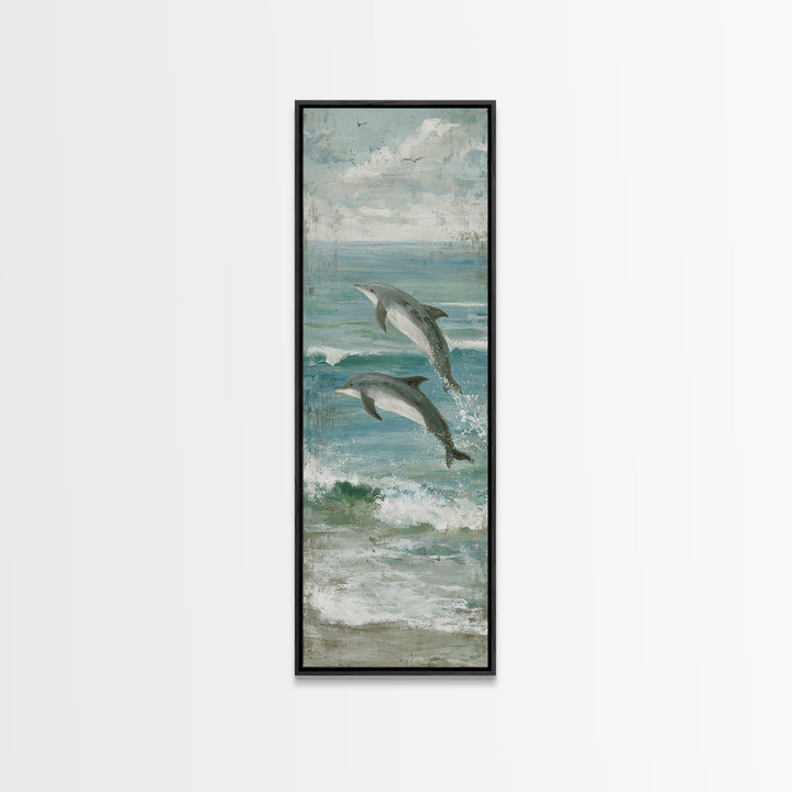 Dolphins Leaping Through Sunlit Waves Framed Canvas Print, Marine Life Art, Watercolor Art, Living Room Decor, Oil Painting, MLA-1x3-91