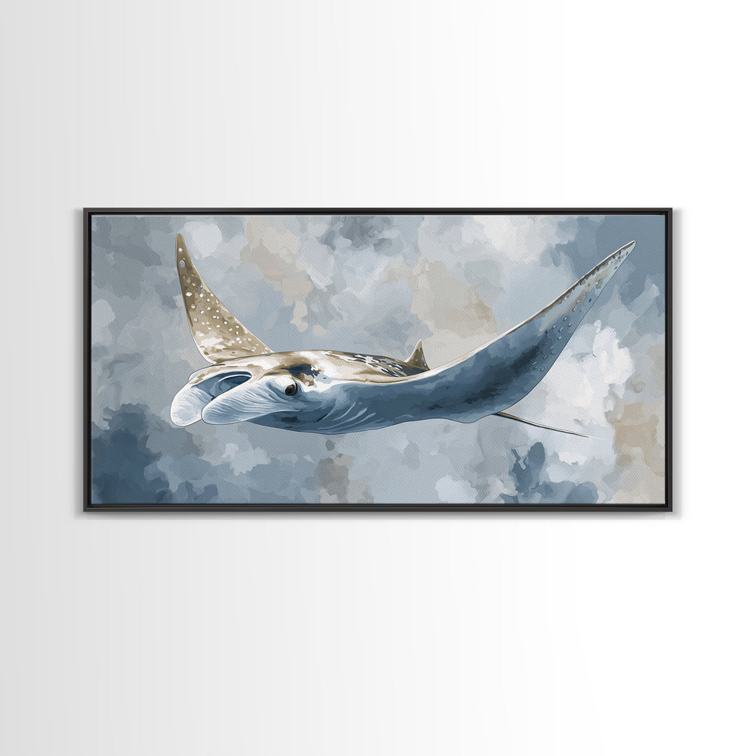 Manta Ray Flying Through Underwater Light Framed Canvas Print, Marine Life Art, Home Decor, Living Room Decor, Fine Art, Marine, MLA-2x1-10