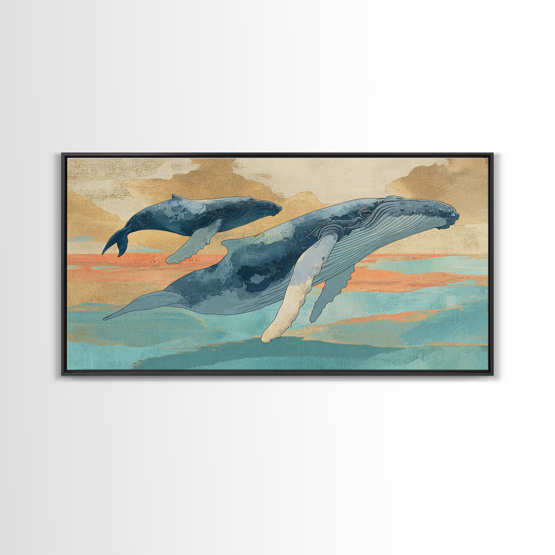 Humpback Whale and Calf Framed Canvas Print, Marine Life Art, Tropical Wall Art, Living Room Decor, Fine Art, Marine, MLA-2x1-14
