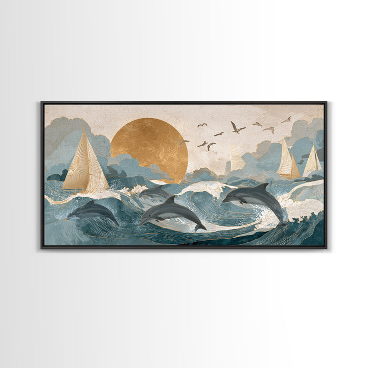 Dolphins Leaping Through Sunlit Waves Framed Canvas Print, Marine Life Art, Modern Art Print, Living Room Decor, Oil Painting, MLA-2x1-27