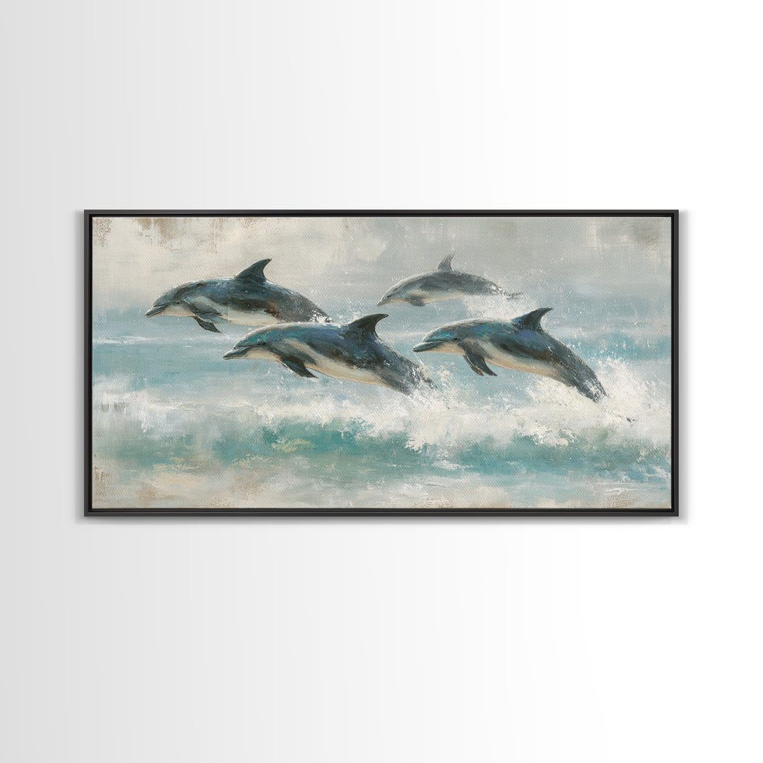 Dolphins Leaping Through Sunlit Waves Framed Canvas Print, Marine Life Art, Coastal Art, Living Room Decor, Fine Art, Marine, MLA-2x1-3