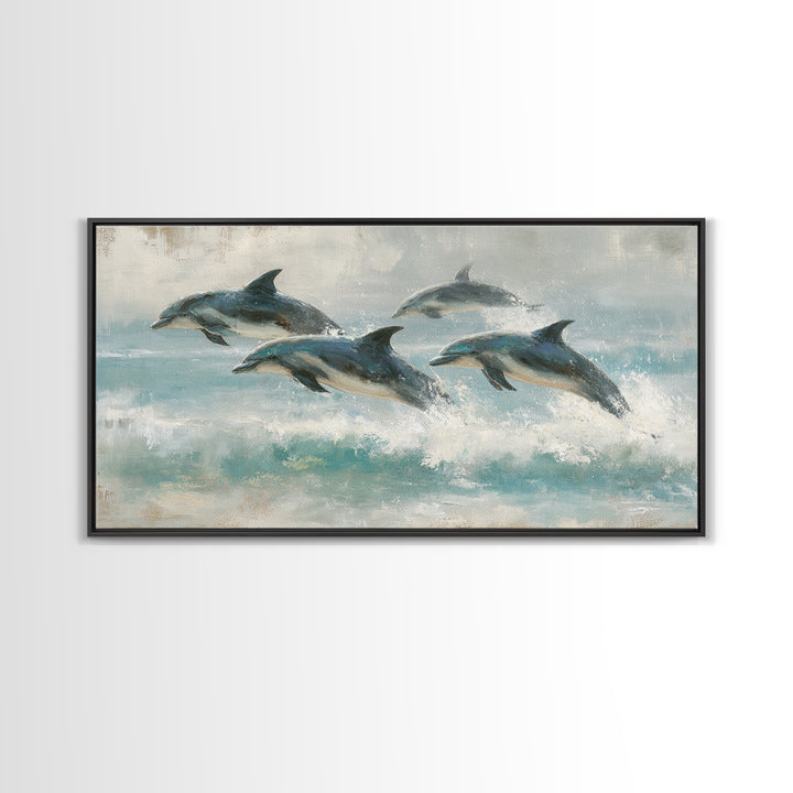 Dolphins Leaping Through Sunlit Waves Framed Canvas Print, Marine Life Art, Coastal Art, Living Room Decor, Fine Art, Marine, MLA-2x1-3