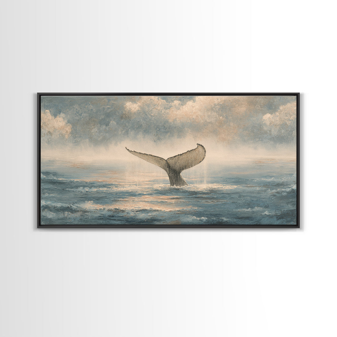 Whale Tail Rising from Misty Ocean Framed Canvas Print, Marine Life Art, Neutral Decor, Living Room Decor, Fine Art, Marine, MLA-2x1-46