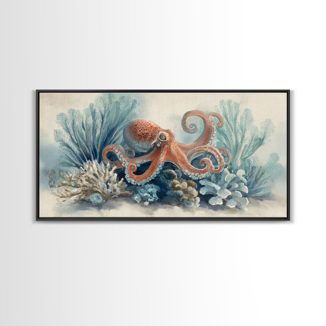 Octopus Curling Around Coral Canvas Print, Marine Life Art, Beach Decor, Living Room Decor, Oil Painting, Marine, Ocean Decor, MLA-2x1-47