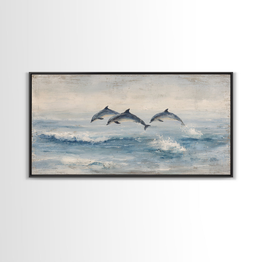 Dolphins Leaping Through Sunlit Waves Framed Canvas Print, Marine Life Art, Coastal Art, Living Room Decor, Watercolor Art, MLA-2x1-51