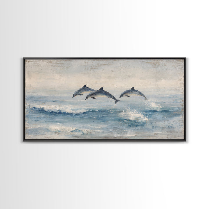 Dolphins Leaping Through Sunlit Waves Framed Canvas Print, Marine Life Art, Coastal Art, Living Room Decor, Watercolor Art, MLA-2x1-51