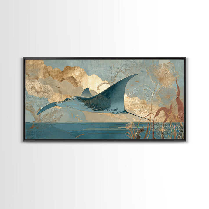 Manta Ray Flying Through Underwater Light Canvas Print, Marine Life Art, Statement Artwork, Living Room Decor, Fine Art, Marine, MLA-2x1-58